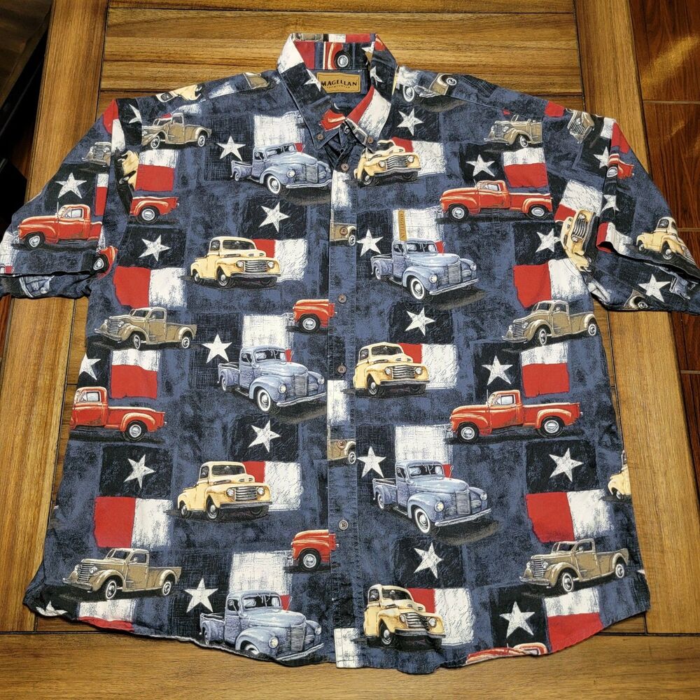Magellan Sportswear SS Full Button Shirt Texas Flag & Classic Trucks - Size XXL